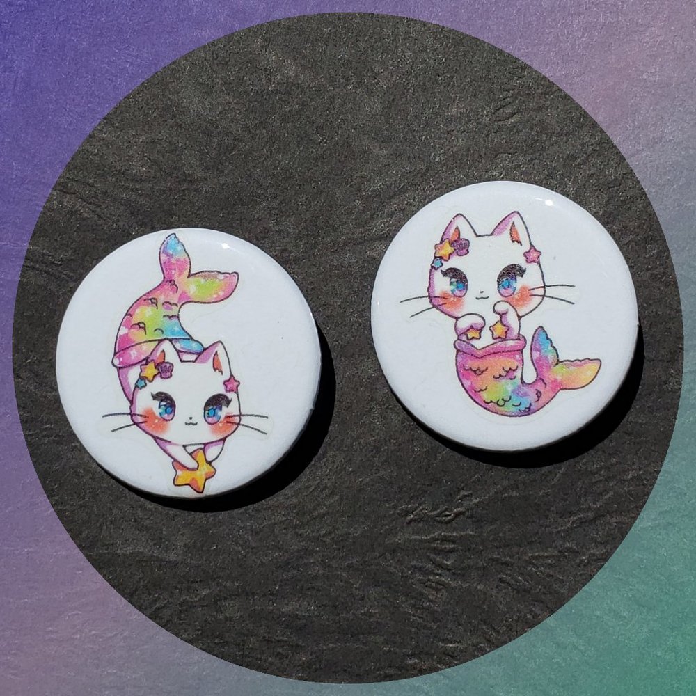Cute Cat Mermaid Pin Back Button Set! - Picture 1 of 4